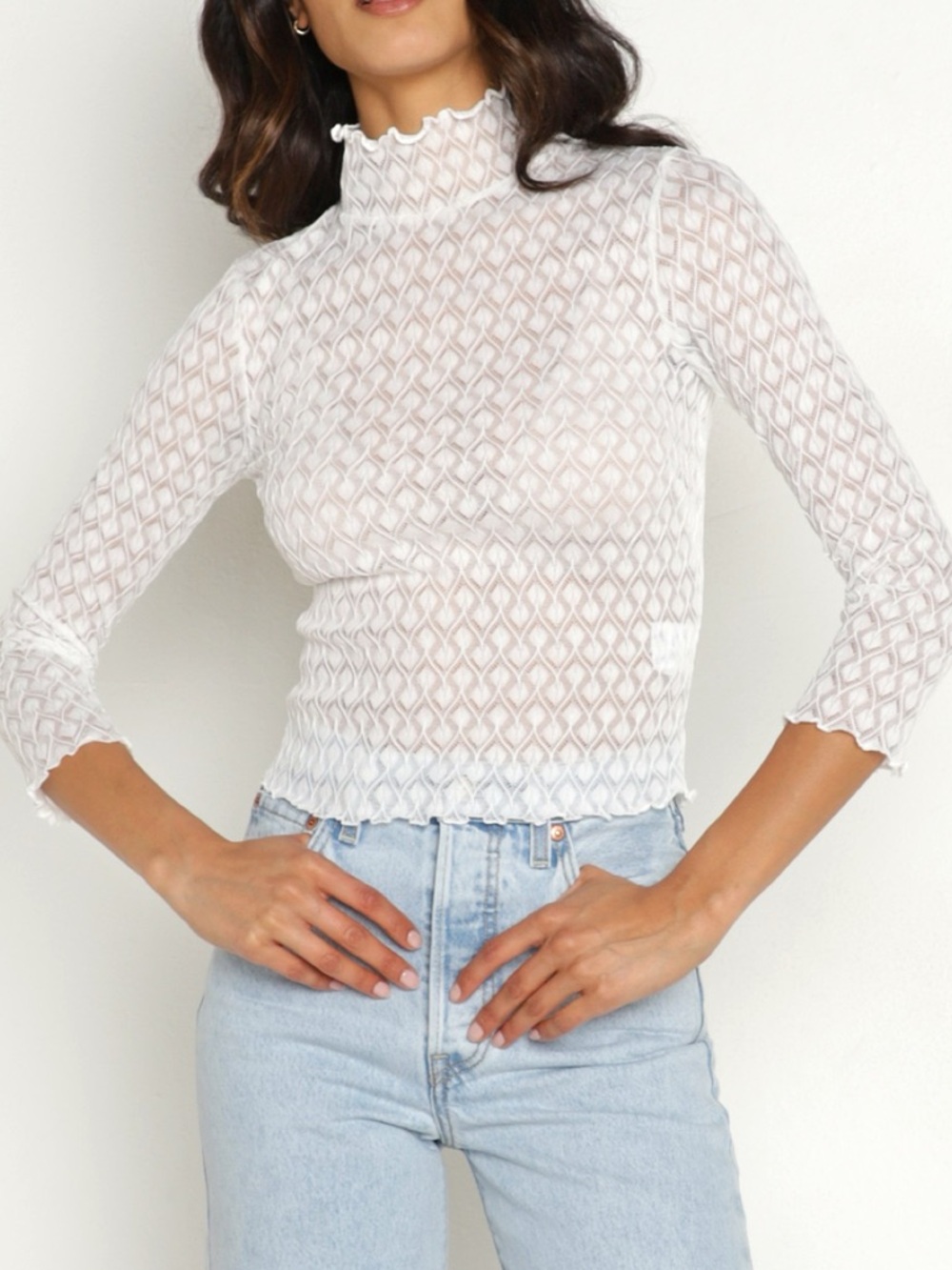 For Love & Lemons Tracy Sheer Mesh Turtleneck Crop Top in White, NWT, Size M